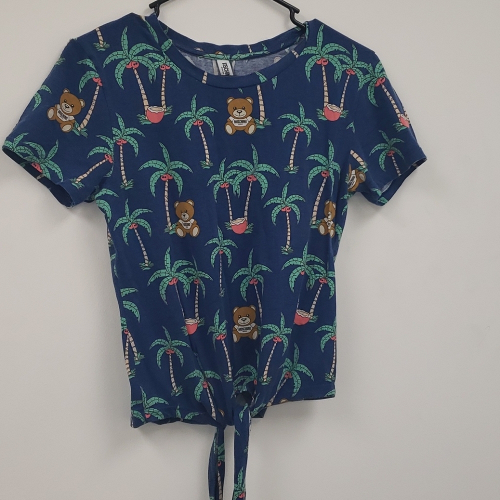 Moschino Blue Crop Top with Palm Tree and Bear Print